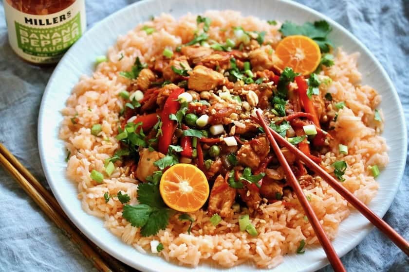 Healthy orange chicken stir-fry recipe.