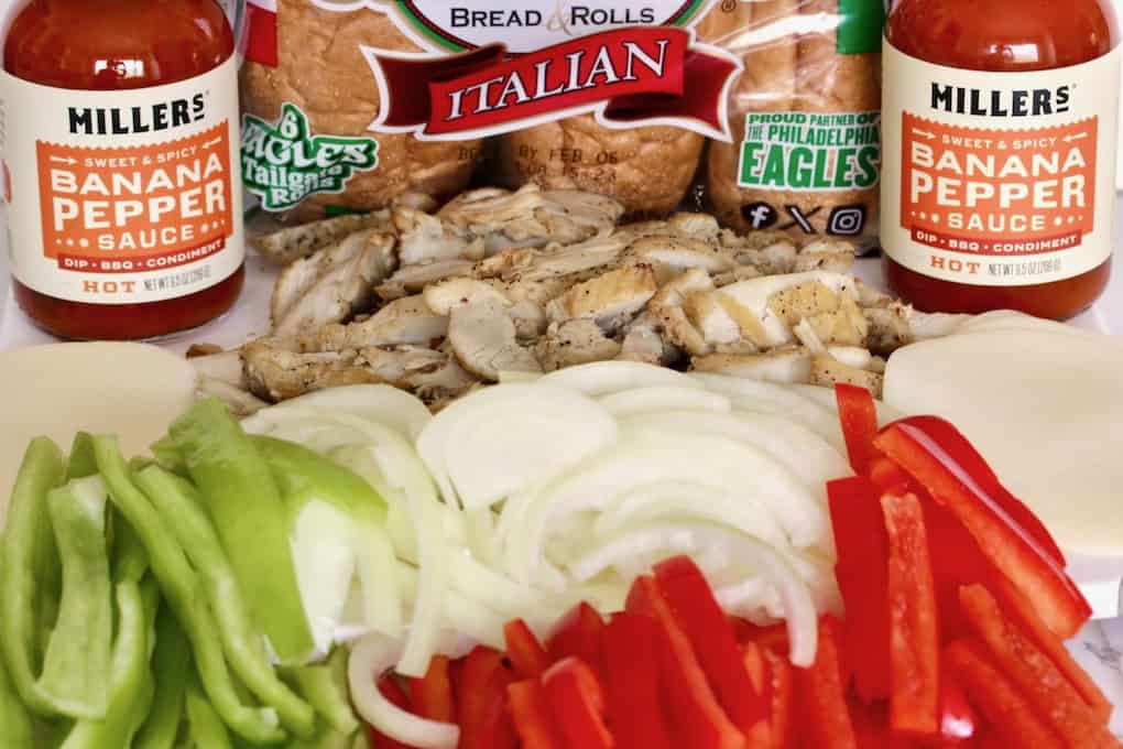 Ingredients for Philly chicken cheese steak.
