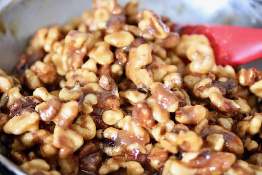 Making miso glazed walnuts.