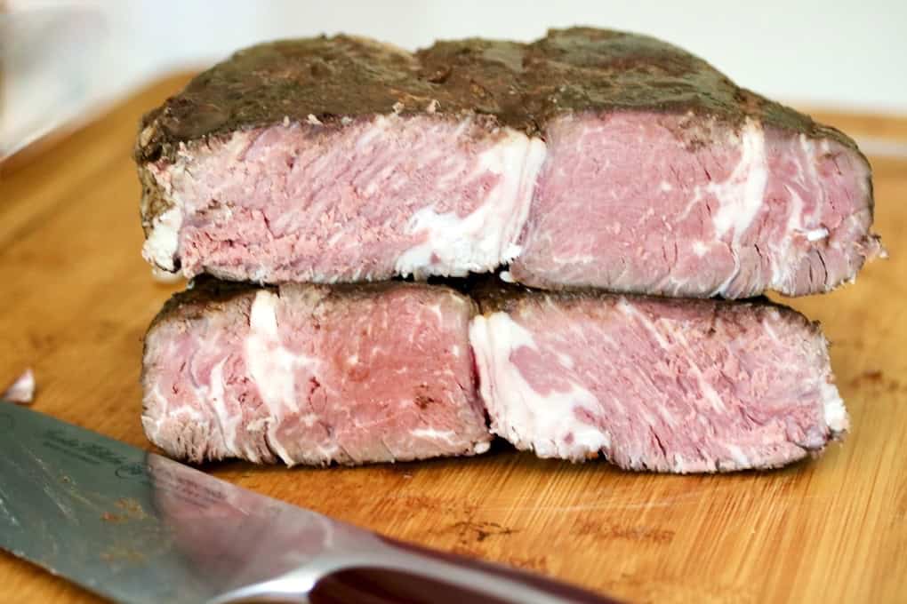 Sliced sous vide roast beef.