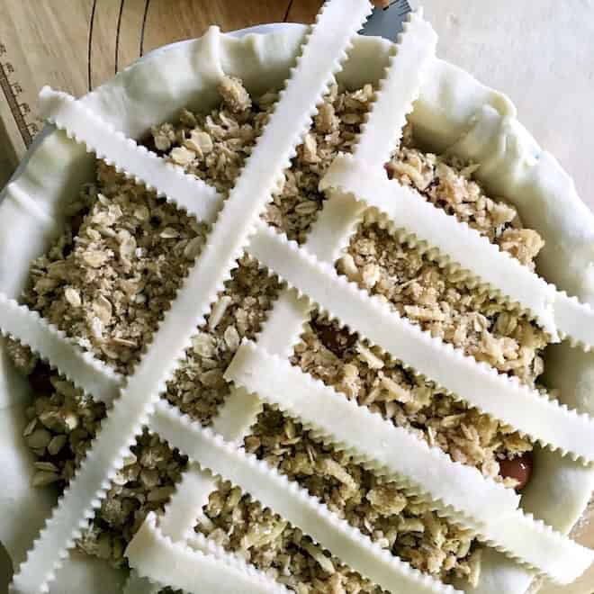Making a lattice top for sour cherry pie.