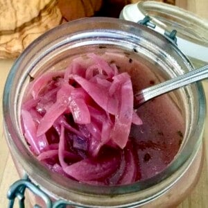 Jar of pickled red onions.