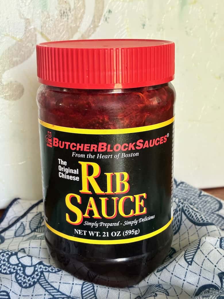 Bottle of Chinese rib sauce for char sui pork ribs.