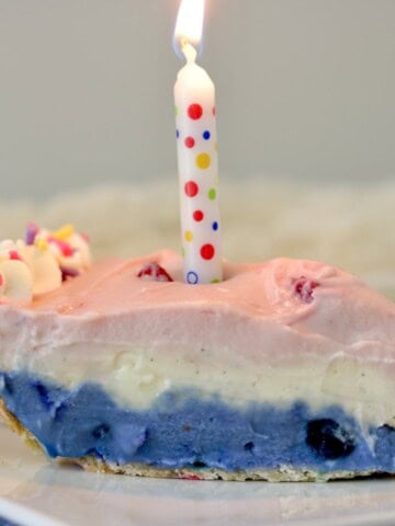 Slice of birthday pie with a candle.