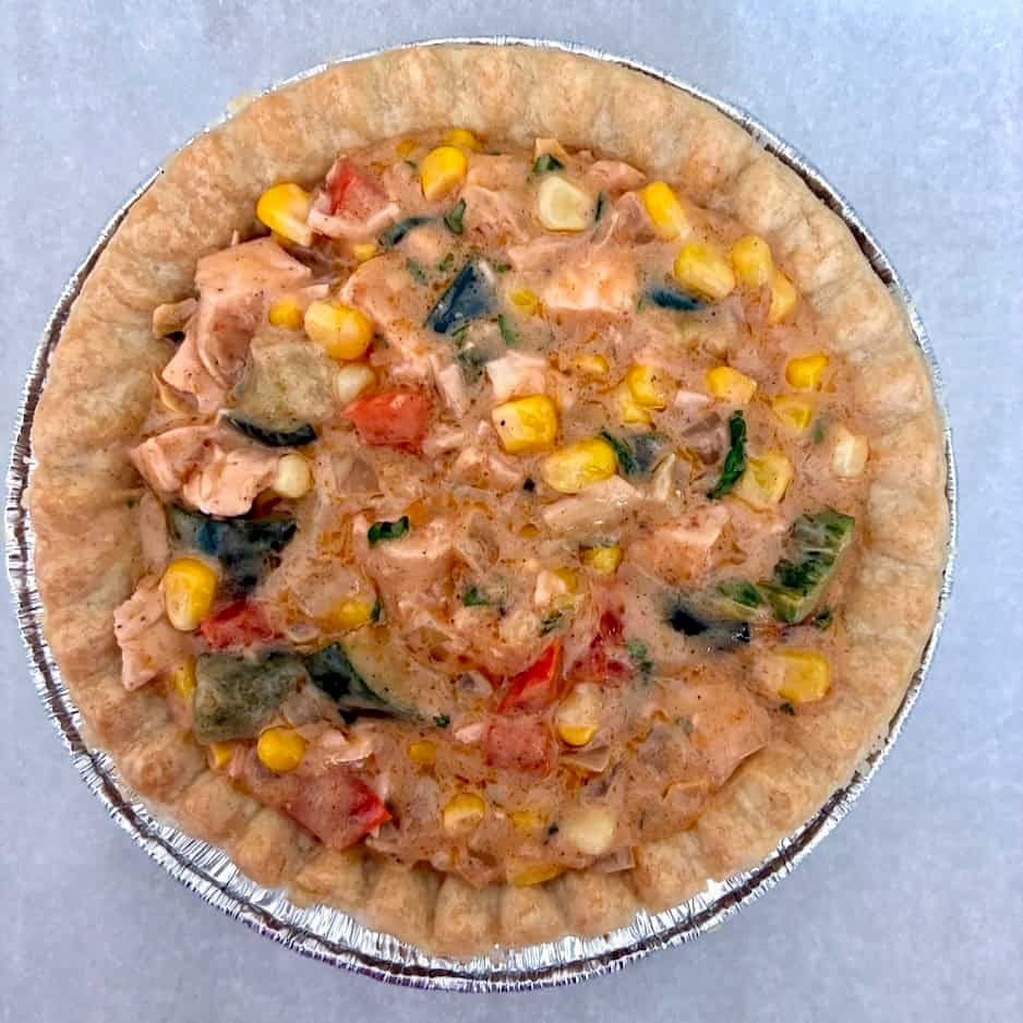 Pot pie shell with chicken filling.