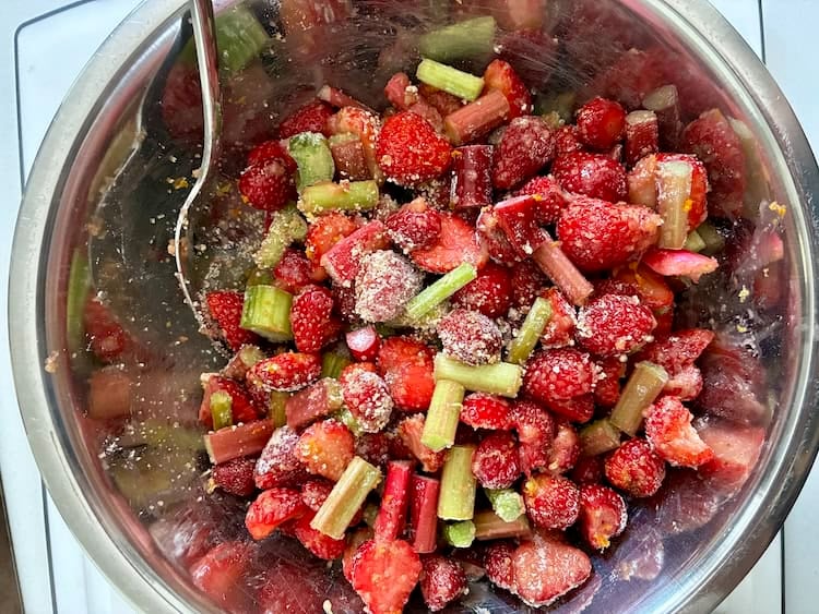 Galette filling of fresh garden strawberries and rhubarb.