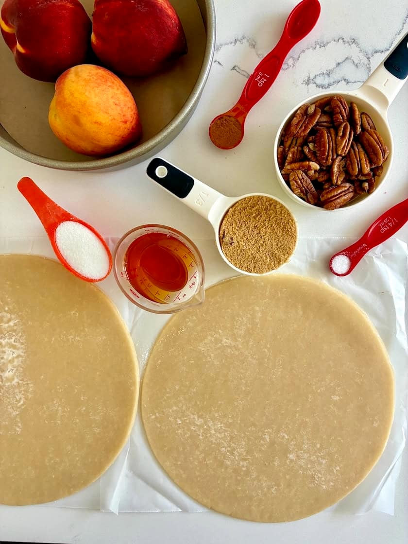 Upside-down peach tart ingredients.
