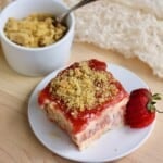 Strawberry rhubarb icebox cake with orange crumb topping.