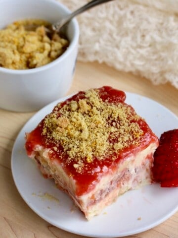 Strawberry rhubarb icebox cake with orange crumb topping.