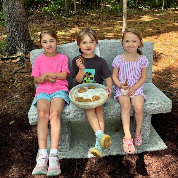 Children eating cookies on Will's bench.