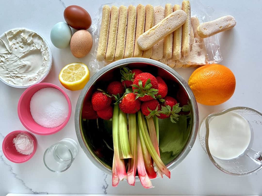Strawberry rhubarb icebox cake ingredients.