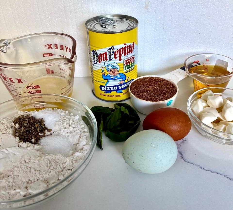 Pizza muffins with mozzarella pearls ingredients.