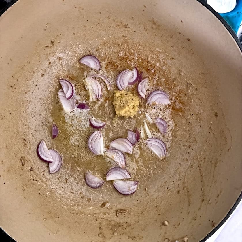 Cooking shallots and ginger.