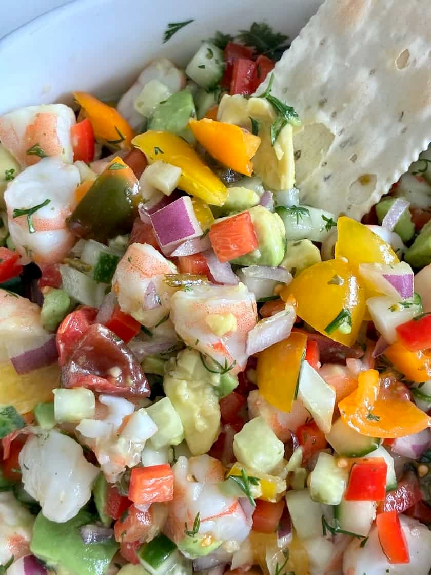 Shrimp ceviche with a cracker.